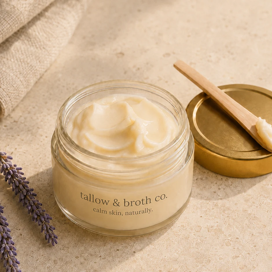 A creamy tallow jar and wooden spatula on a natural linen surface